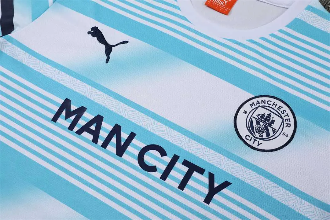22-23 Manchester City Training Wear Short Sleeve Kit White and Blue Colorblock 12