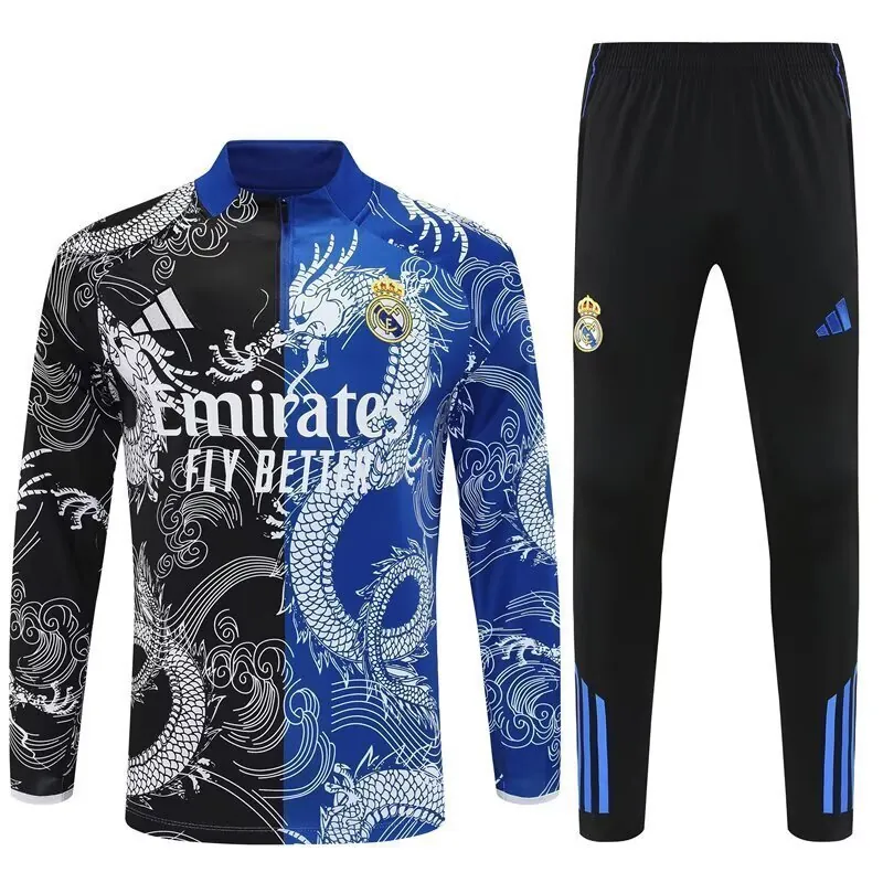 25-26 Real Madrid Black&Blue Dragon Training Kits Long Football Tracksuits 3
