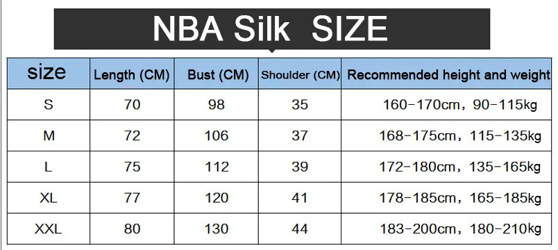 NBA Jerseys Size Chart 1