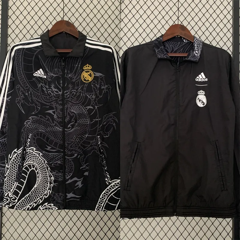 23-24 Real Madrid Trench Coat Reversible Dragon Windbreaker Black 15