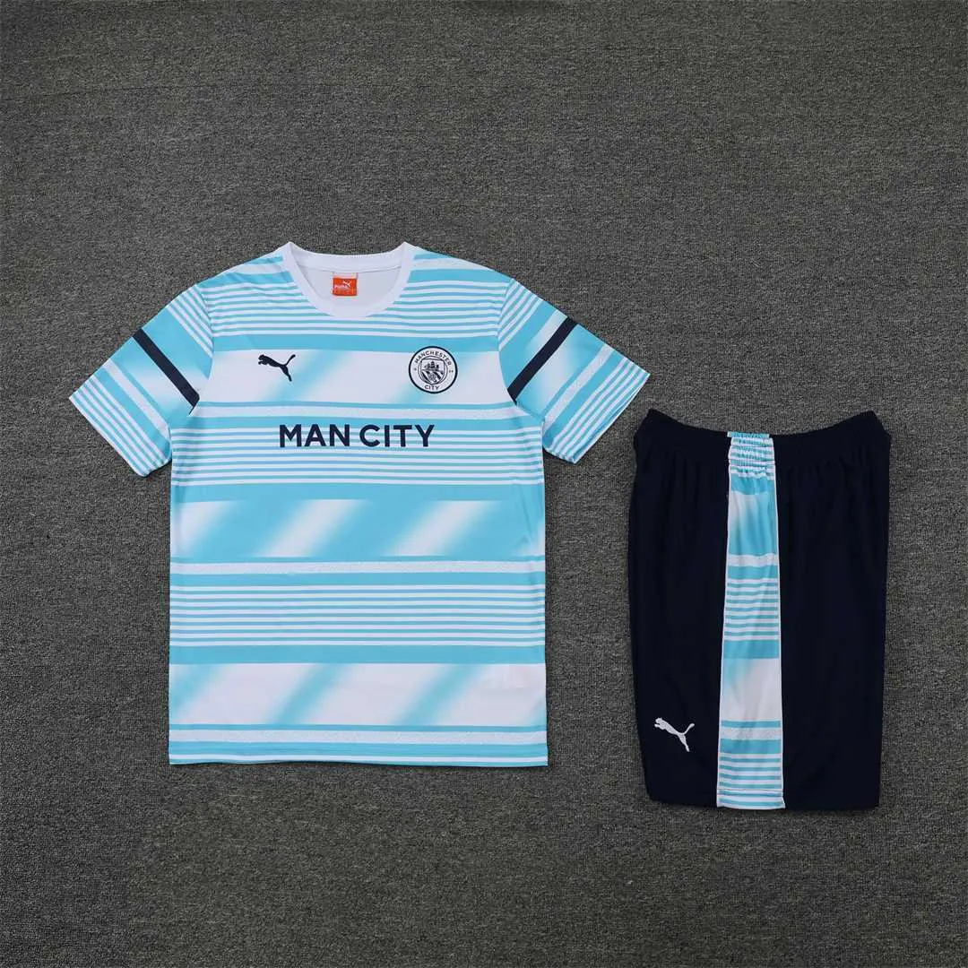 22-23 Manchester City Training Wear Short Sleeve Kit White and Blue Colorblock 19