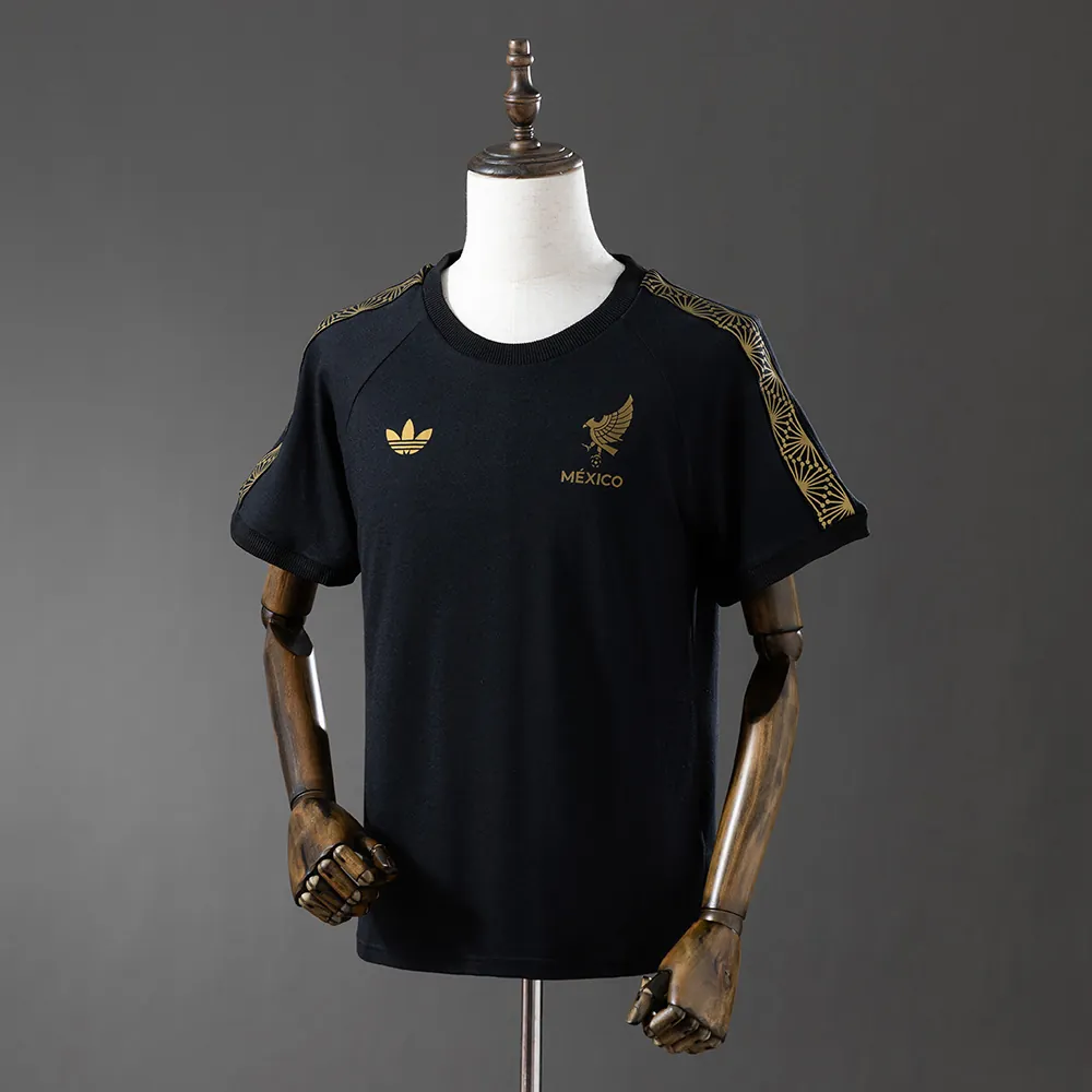 2025 Mexico Adidas Gold 3-stripes Black T-Shirt 2