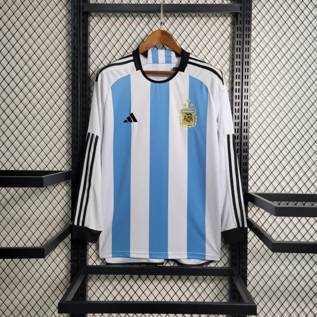2022 Long Sleeved 3 Stars Argentina Home S-XXL Cheap Soccer Jerseys 6