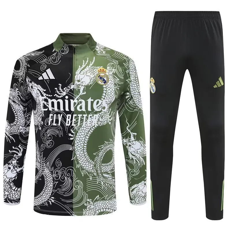 25-26 Real Madrid Green&Black Dragon Training Kits Long Football Tracksuits 3