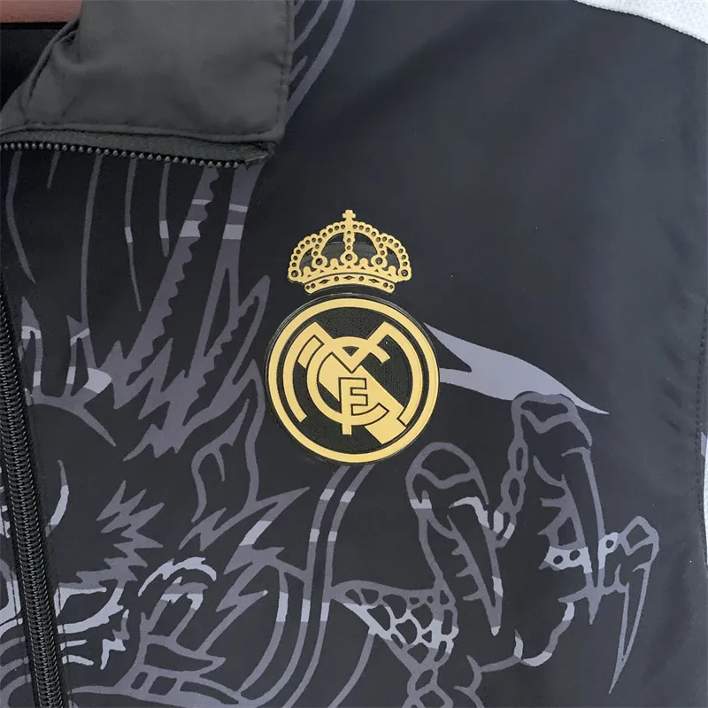 23-24 Real Madrid Trench Coat Reversible Dragon Windbreaker Black 9