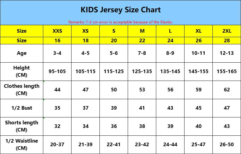 Kids Kits Size Chart 1