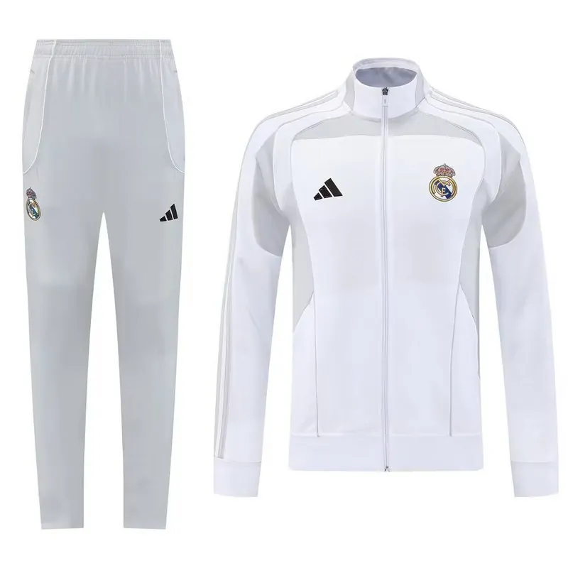 25-26 Real Madrid Grey&White Football Tracksuit Long Jacket Suits 3