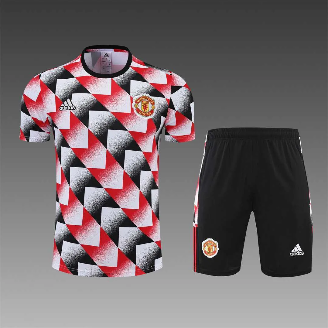 22-23 Manchester United training suit short sleeve kit red black and white color matching 15
