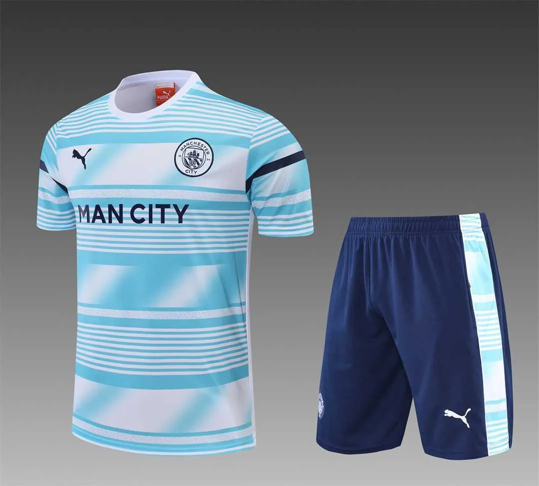 22-23 Manchester City Training Wear Short Sleeve Kit White and Blue Colorblock 20