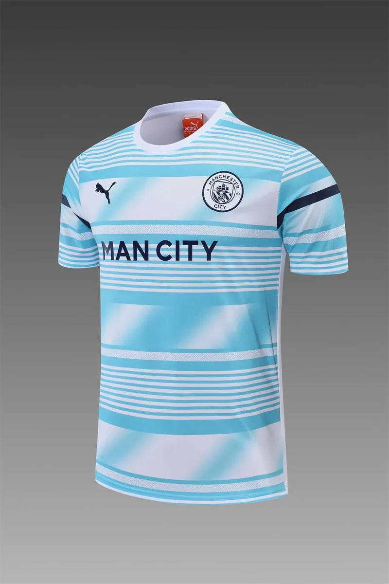 22-23 Manchester City Training Wear Short Sleeve Kit White and Blue Colorblock 11