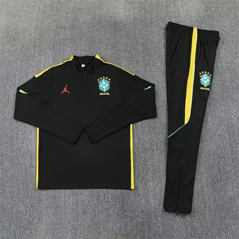 2026 Jordan Brazil Mens Black with Yellow Half Pull Training Suit Yupoo 8 7