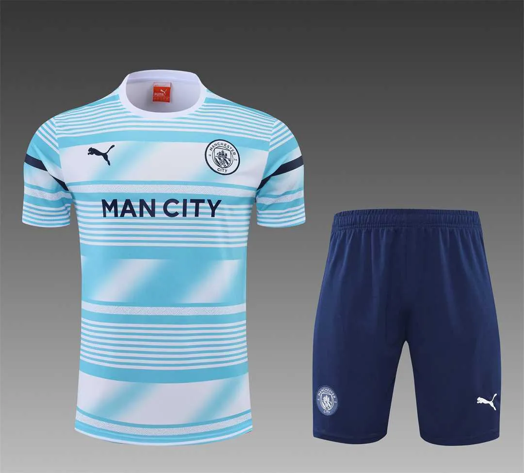 22-23 Manchester City Training Wear Short Sleeve Kit White and Blue Colorblock 6