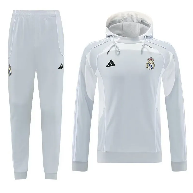 25-26 Real Madrid White Hoodie Tracksuit Long Jacket Suits 3