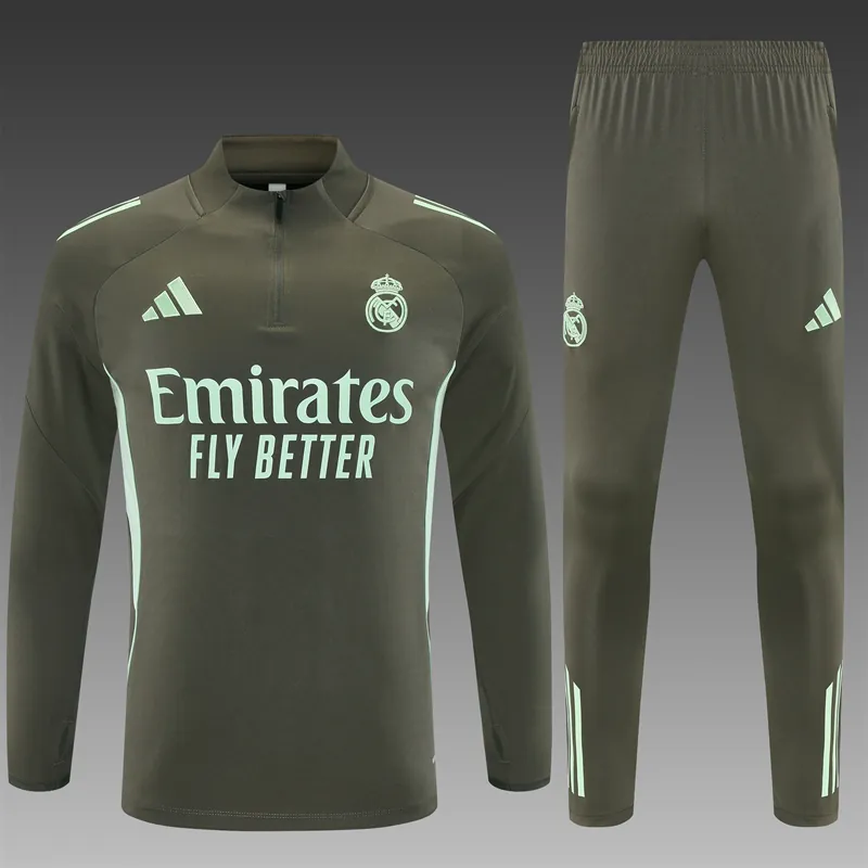 25-26 Real Madrid Training Kits Long Army Green Football Tracksuits 3
