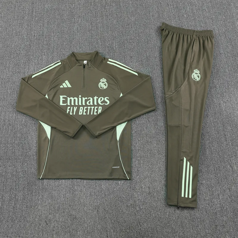 25-26 Real Madrid Training Kits Long Army Green Football Tracksuits 1