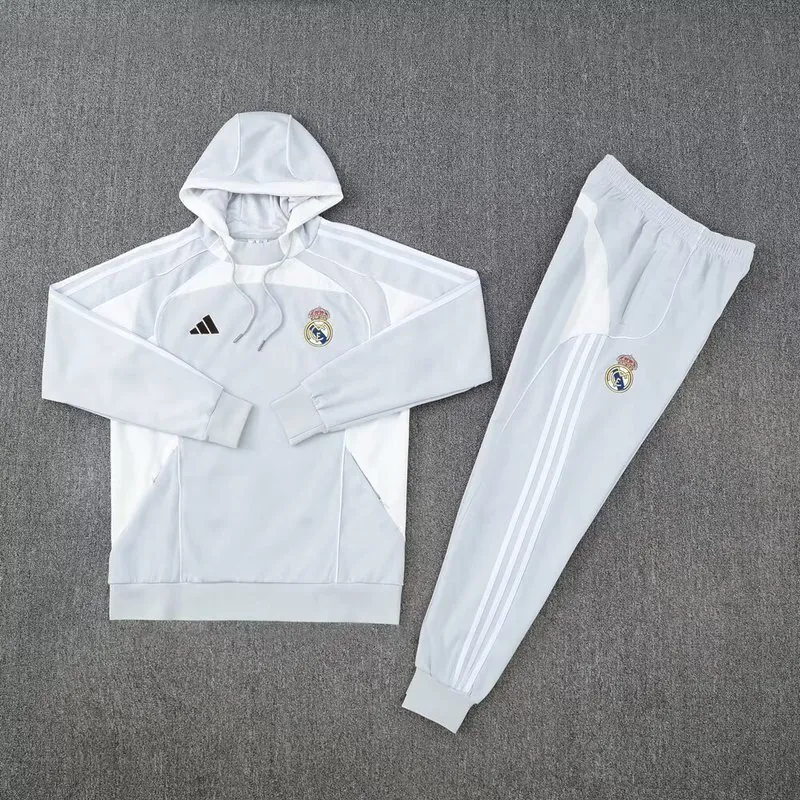 25-26 Real Madrid White Hoodie Tracksuit Long Jacket Suits 1