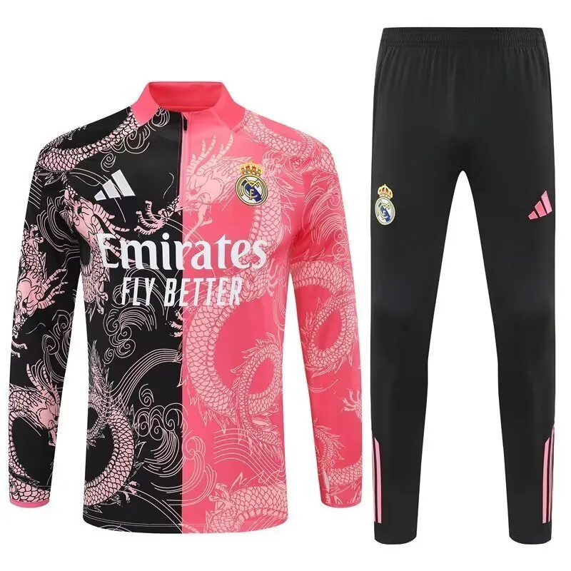 25-26 Real Madrid Black&Pink Dragon Training Kits Long Football Tracksuits 3