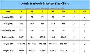 Adult Training Suits&Jacket Size Chart