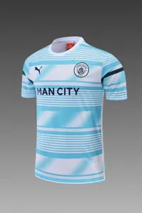 22-23 Manchester City Training Wear Short Sleeve Kit White and Blue Colorblock 11