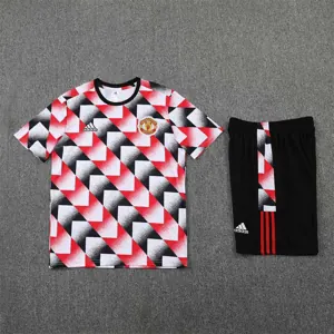 22-23 Manchester United training suit short sleeve kit red black and white color matching 9
